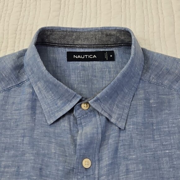 Nautica Linen Blend Short Sleeve Shirt Men's M Blue Button Up EUC LN Resortwear - Picture 5 of 12